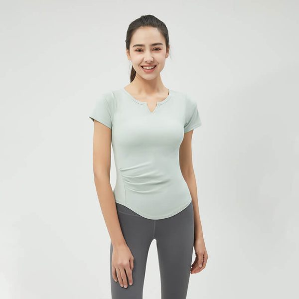 Side Pleated Short Sleeve V Neck Bra Top