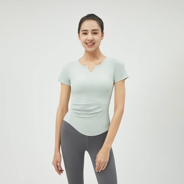 Side Pleated Short Sleeve V Neck Bra Top