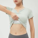 Side Pleated Short Sleeve V Neck Bra Top