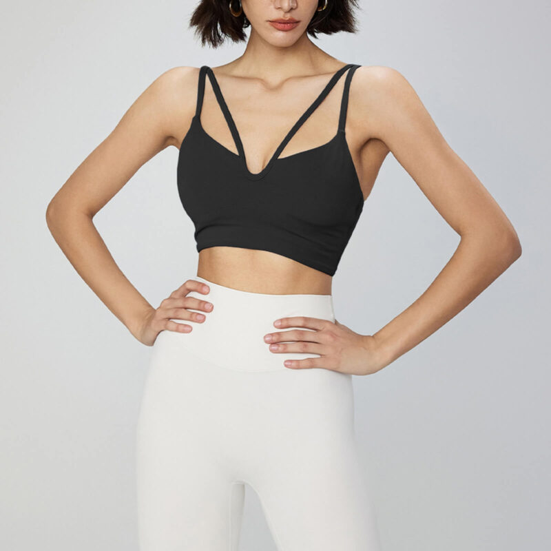 Double Strap V-neck Sports Bra - Black - Front