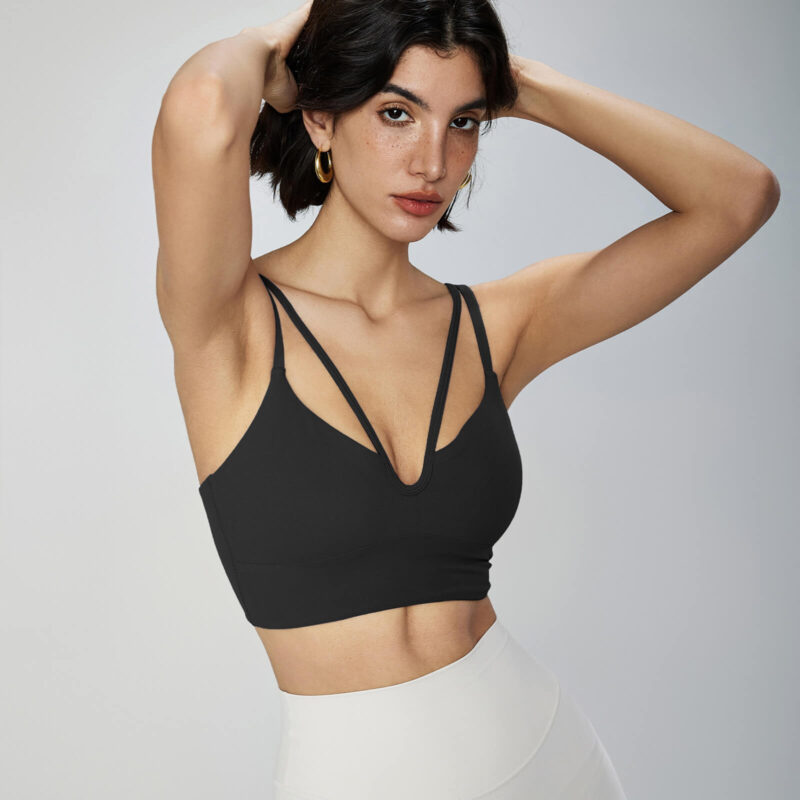 Double Strap V-neck Sports Bra - Black - Front Pose