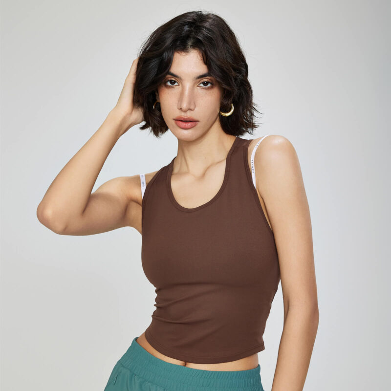 U Neck Hollow Back Padded Tanks - Chestnut - Frontal