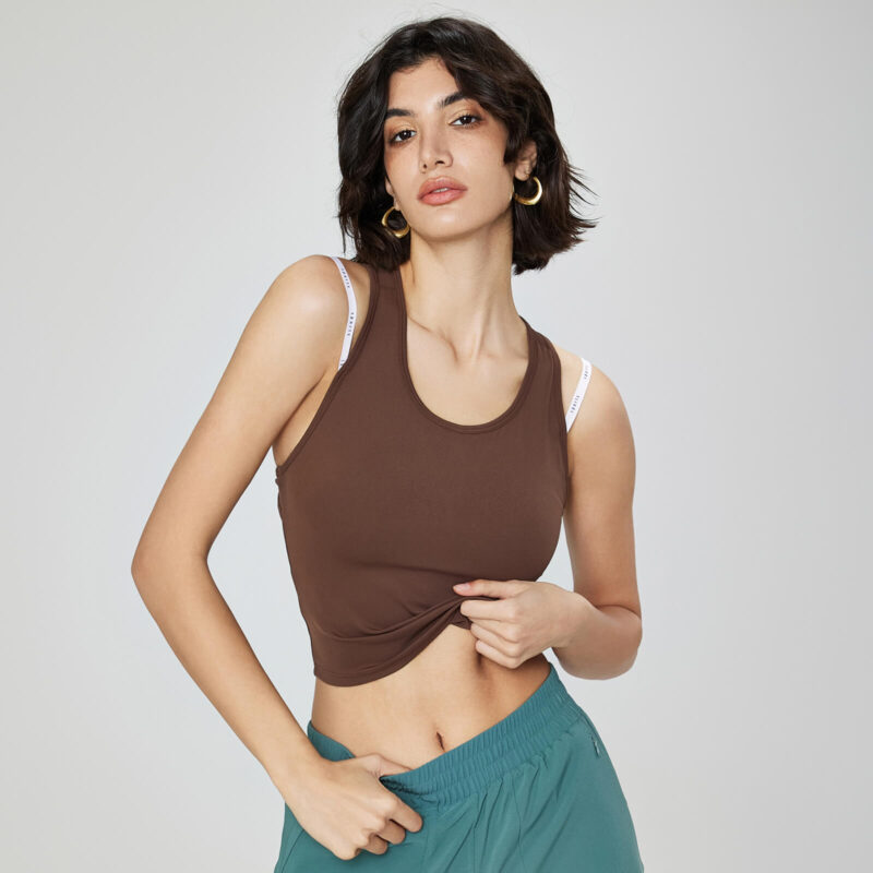 U Neck Hollow Back Padded Tanks - Chestnut - Pose