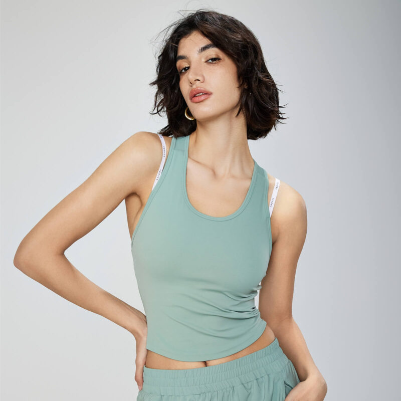 U Neck Hollow Back Padded Tanks - Grey Mint - Frontal