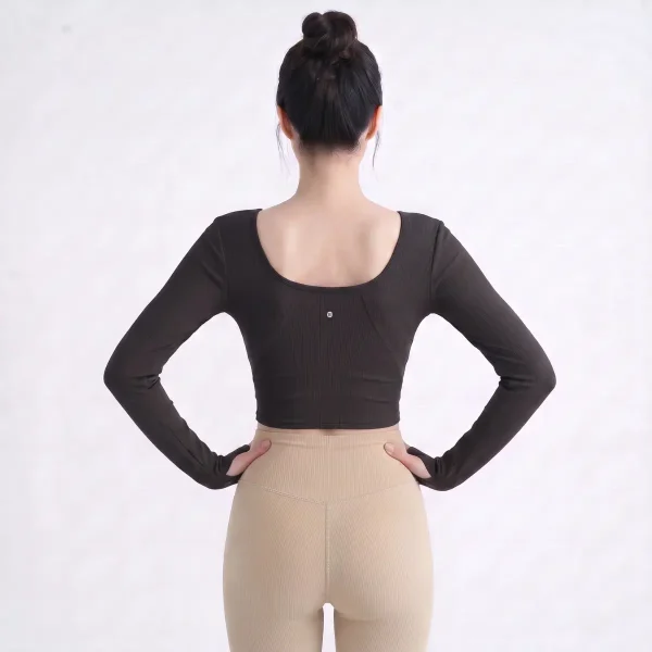 LS RIB CROP TOP With Built in Bra - Black - Rear