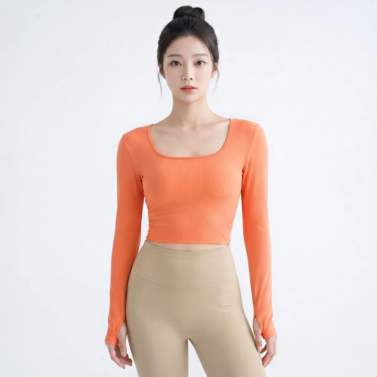 L/S RIB CROP TOP With Built in Bra