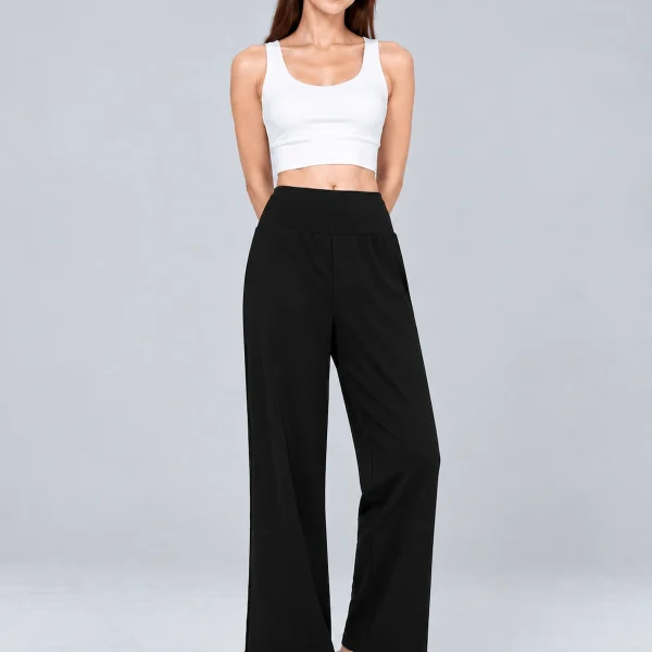 High-Waisted Wide-Leg Yoga Pants – Breathable Stretch Workout Trousers - Black - Front