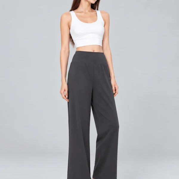 High-Waisted Wide-Leg Yoga Pants – Breathable Stretch Workout Trousers - Dark Grey - Front