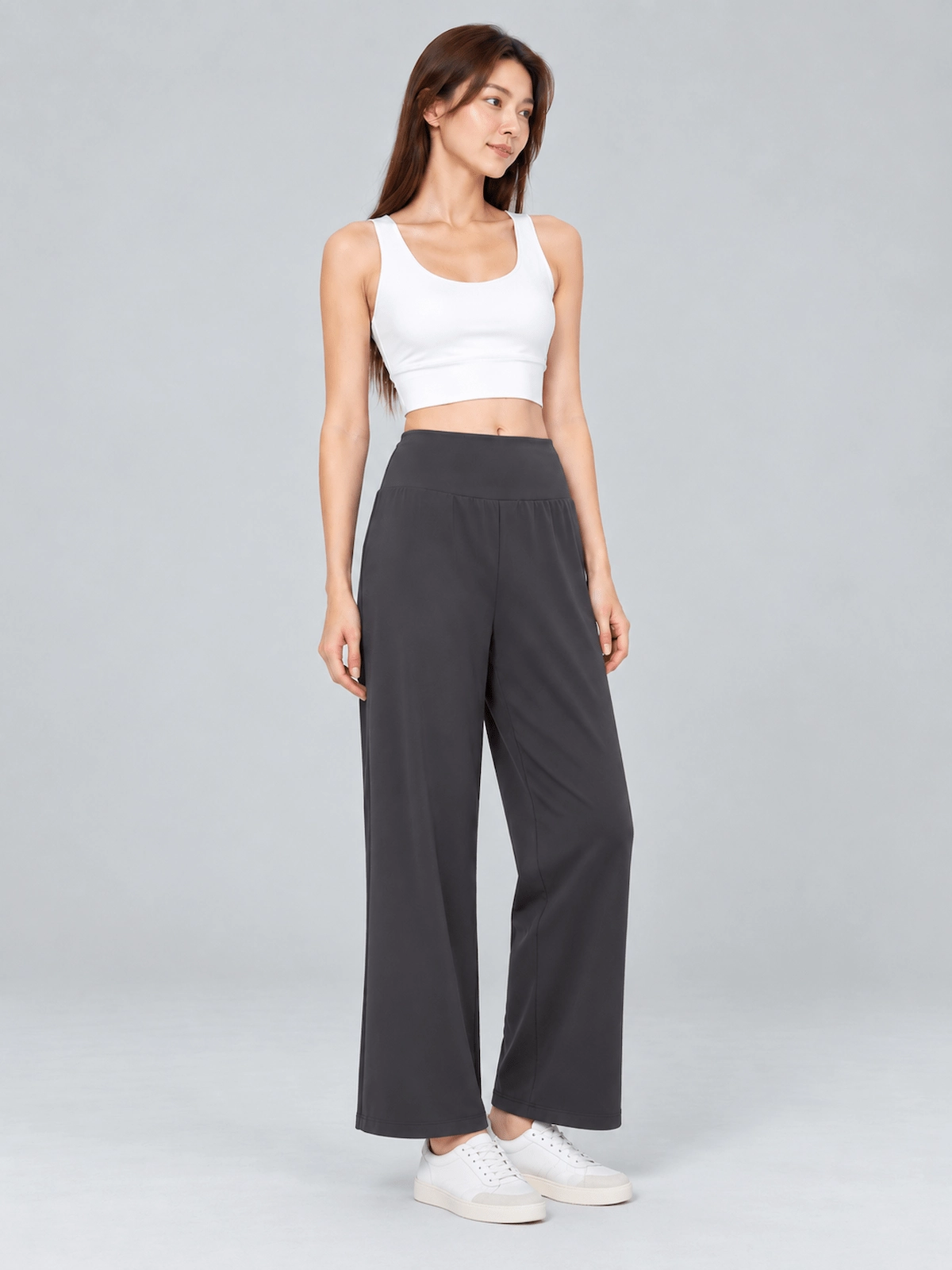 High-Waisted Wide-Leg Yoga Pants – Breathable Stretch Workout Trousers - Dark Grey - Front