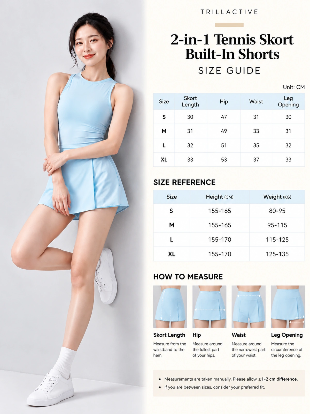 2-in-1 Tennis Skort - Built-In Shorts - All Colors - Size Guide
