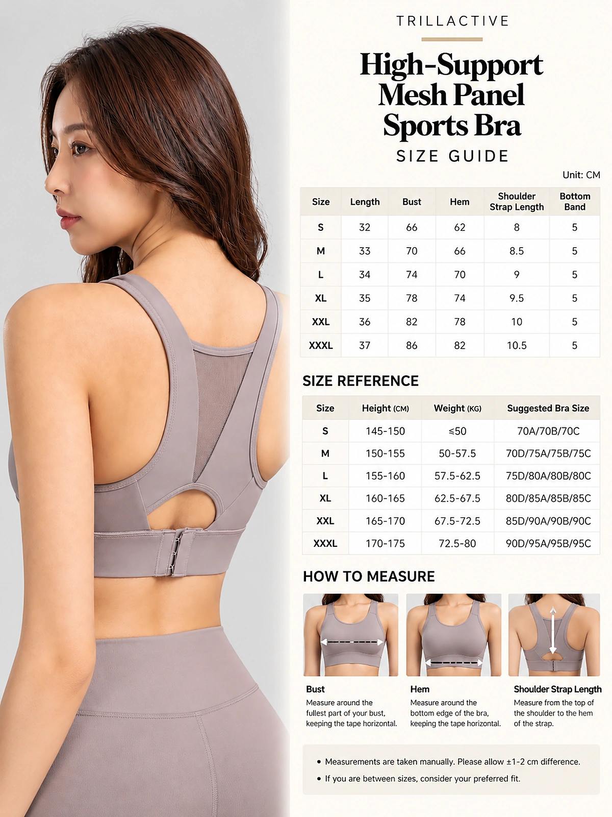 High-Support Mesh Panel Sports Bra - TR410B - Size Guide