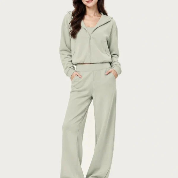 Luxe Thermal Hooded Jacket Wide-Leg Pants Set - Misty Green - Front 1 (1)