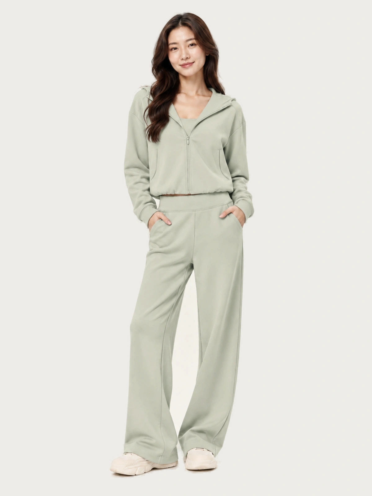 Luxe Thermal Hooded Jacket Wide-Leg Pants Set - Misty Green - Front 1 (1)