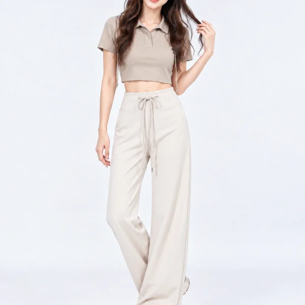 Petite Wide Leg Yoga Pants – Draped Fit - Cream - Front