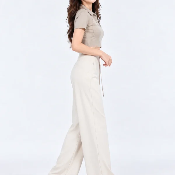 Petite Wide Leg Yoga Pants – Draped Fit - Cream - Side