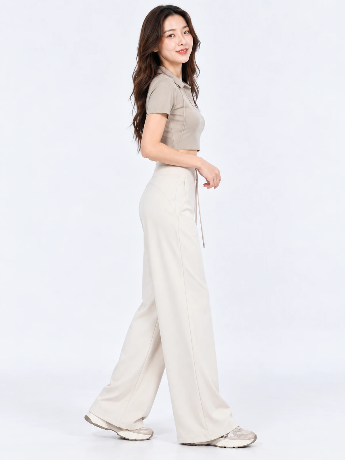 Petite Wide Leg Yoga Pants – Draped Fit - Cream - Side