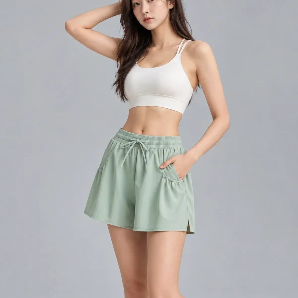 Relaxed-Fit Quick-Dry Yoga Shorts with Drawstring & Pockets - Sage Green - Front