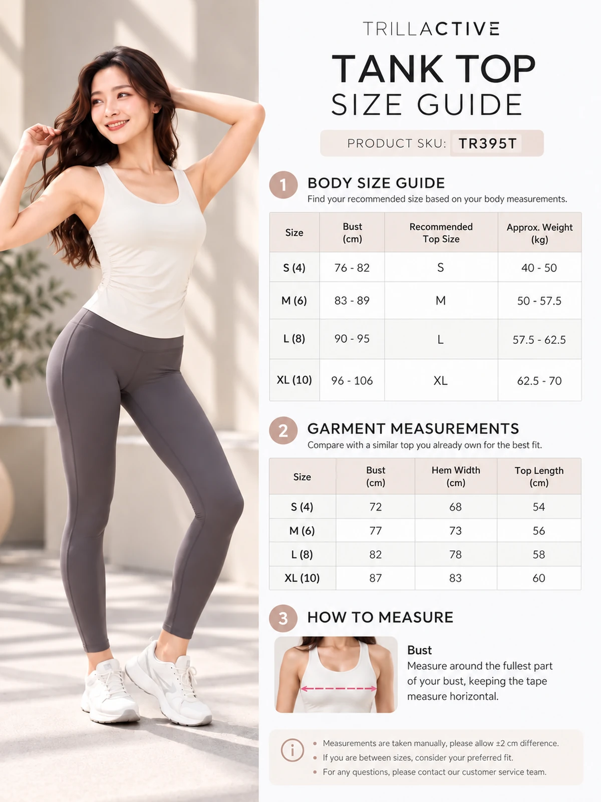 Women’s Ruched Double Strap Yoga Tank Top – Fitted Racerback Activewear - Size Chart - TR395T