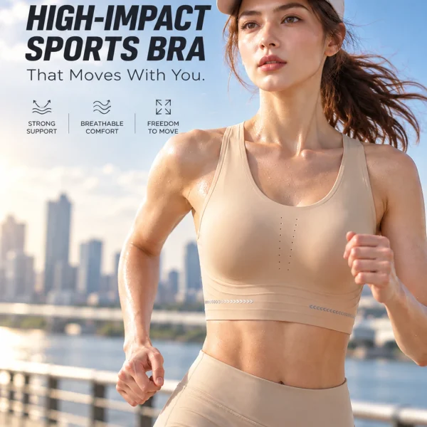 Woman running outdoors in a beige high-impact sports bra and leggings, Trillactive