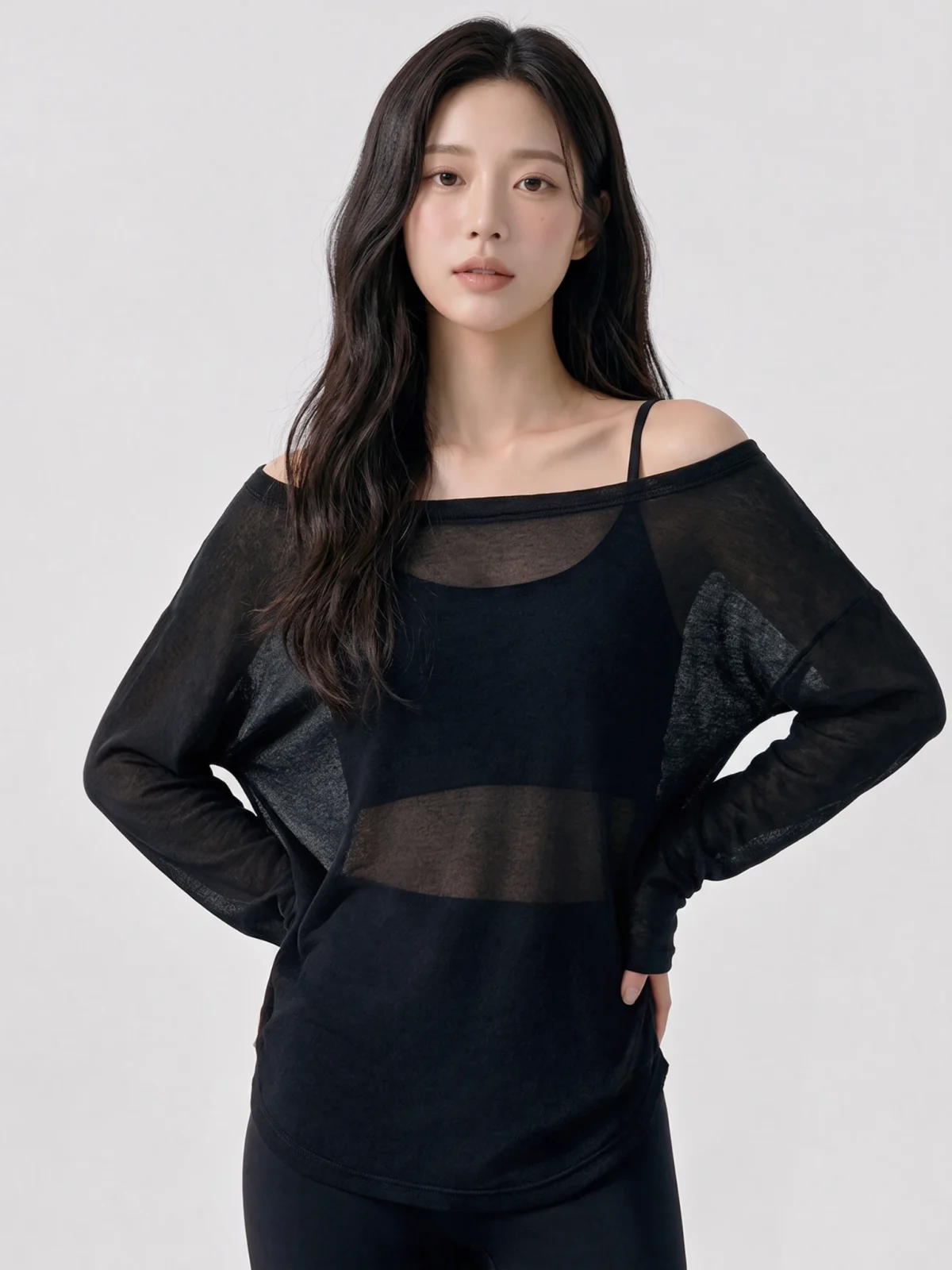 Off-Shoulder Yoga Cover-Up Top – Sheer Long Sleeve