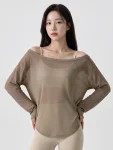 Off-Shoulder Yoga Cover-Up Top – Sheer Long Sleeve