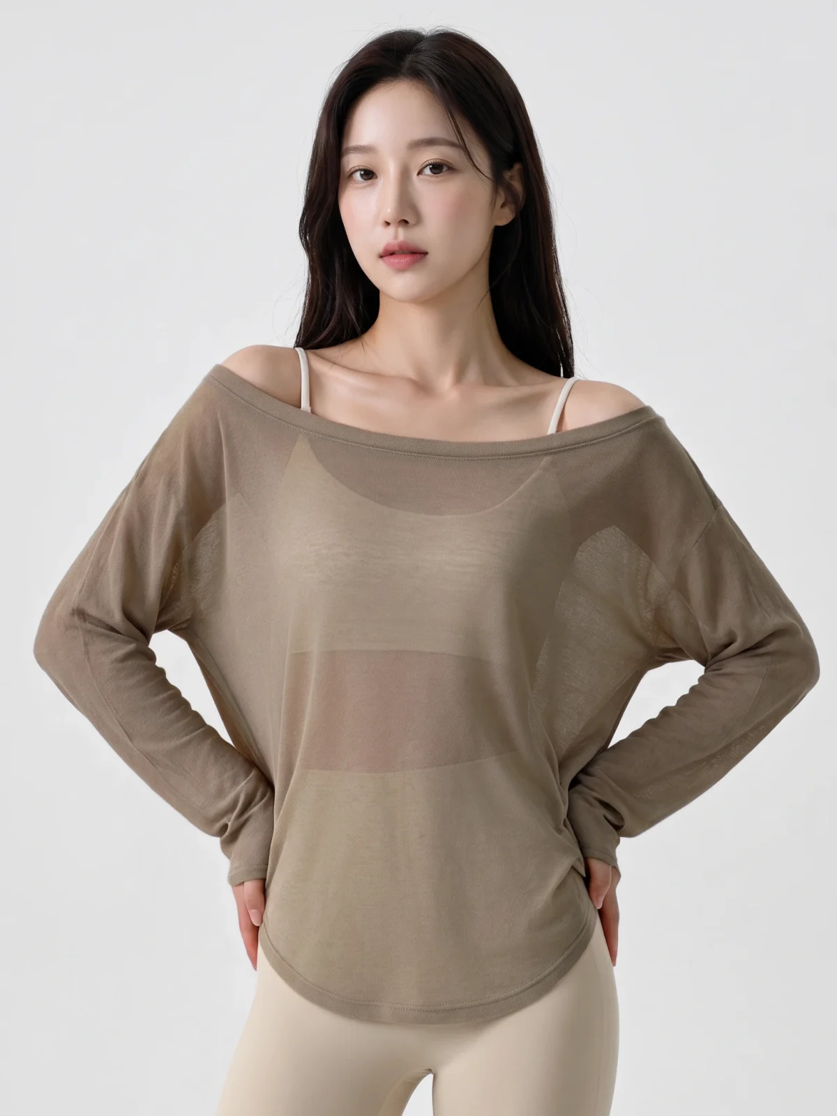 Off-Shoulder Yoga Cover-Up Top – Sheer Long Sleeve