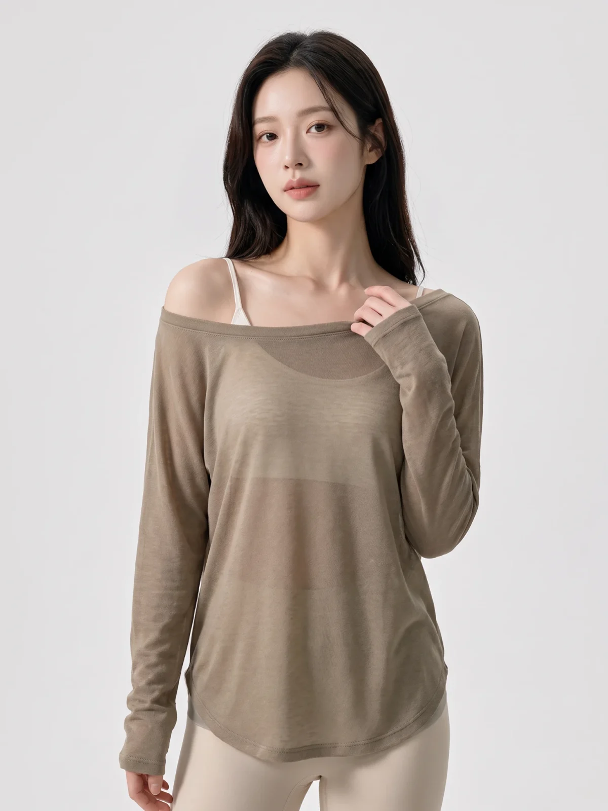 Off-Shoulder Yoga Cover-Up Top – Sheer Long Sleeve