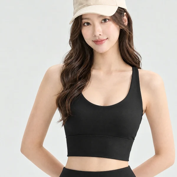 Black cross-back padded sports bra front view