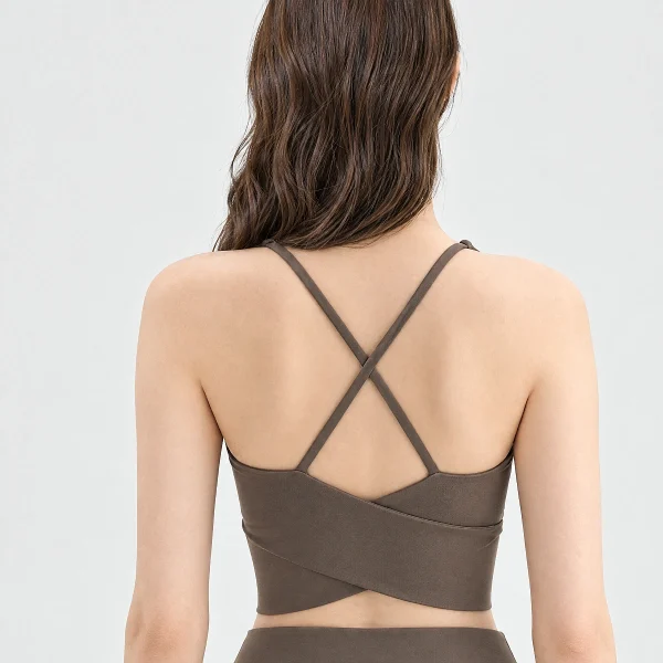 Khaki brown cross-back padded sports bra front view