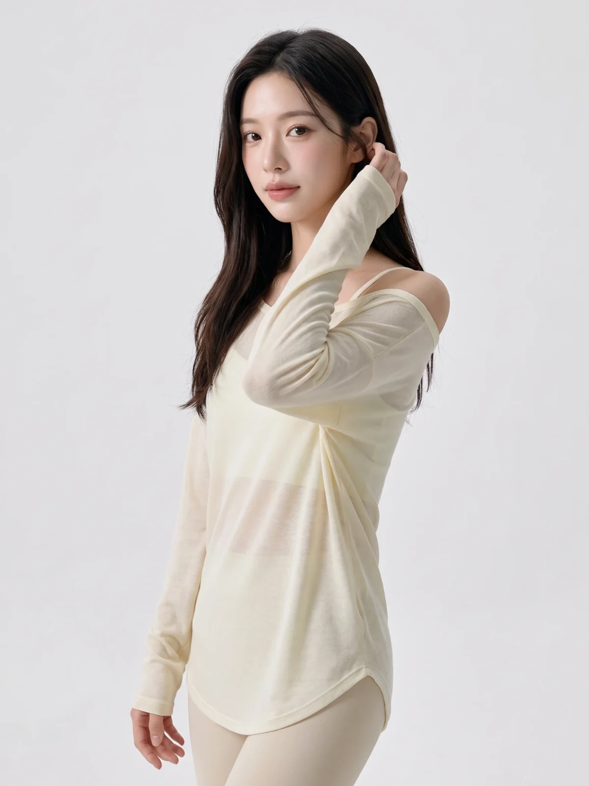 Off-Shoulder Yoga Cover-Up Top – Sheer Long Sleeve