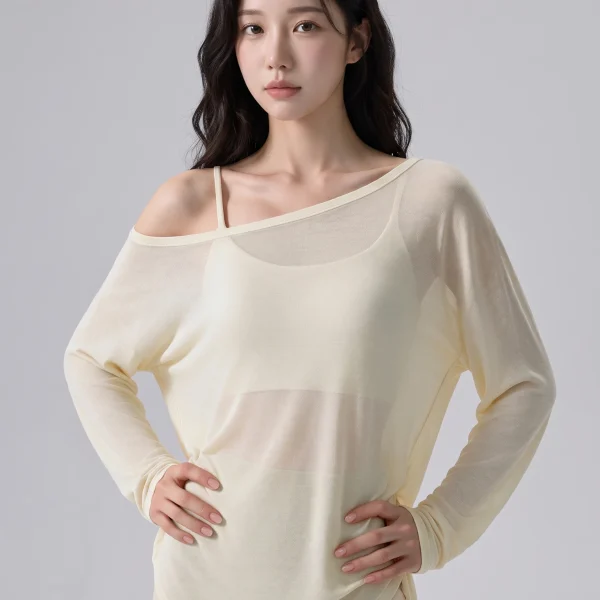 Off-Shoulder Yoga Cover-Up Top – Sheer Long Sleeve