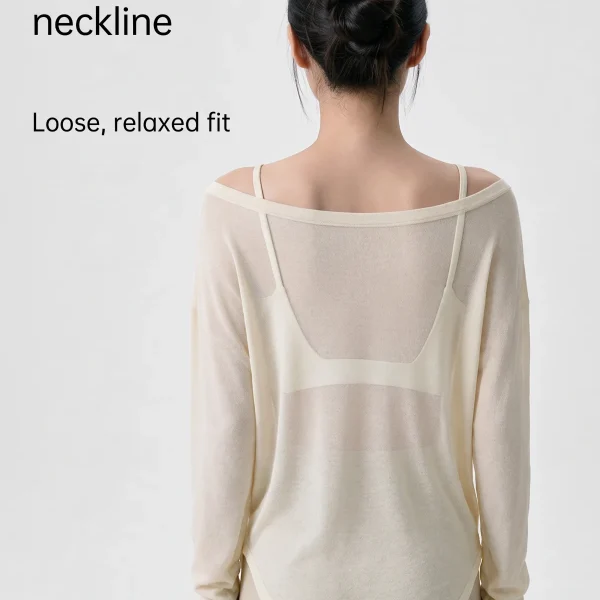 Eggnog White yoga cover-up top back view showing off-shoulder neckline and loose fit