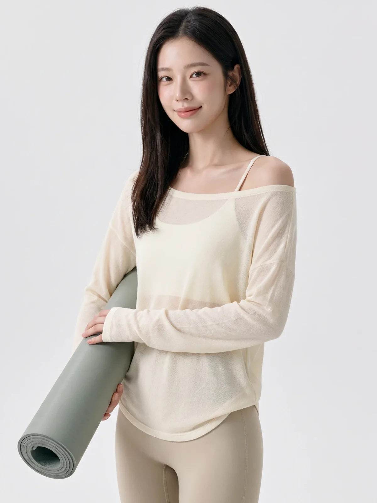 Off-Shoulder Yoga Cover-Up Top – Sheer Long Sleeve