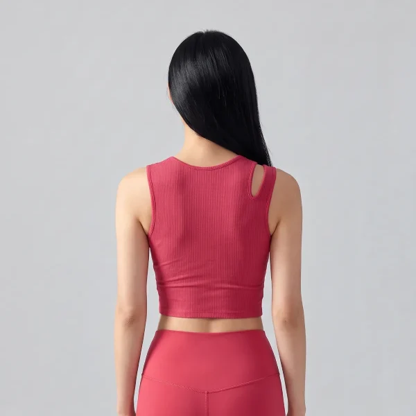 Faux Two-Piece Yoga Tank Top with Built-In Bra – Sleeveless Ribbed Slim-Fit Workout Top – Red, back view