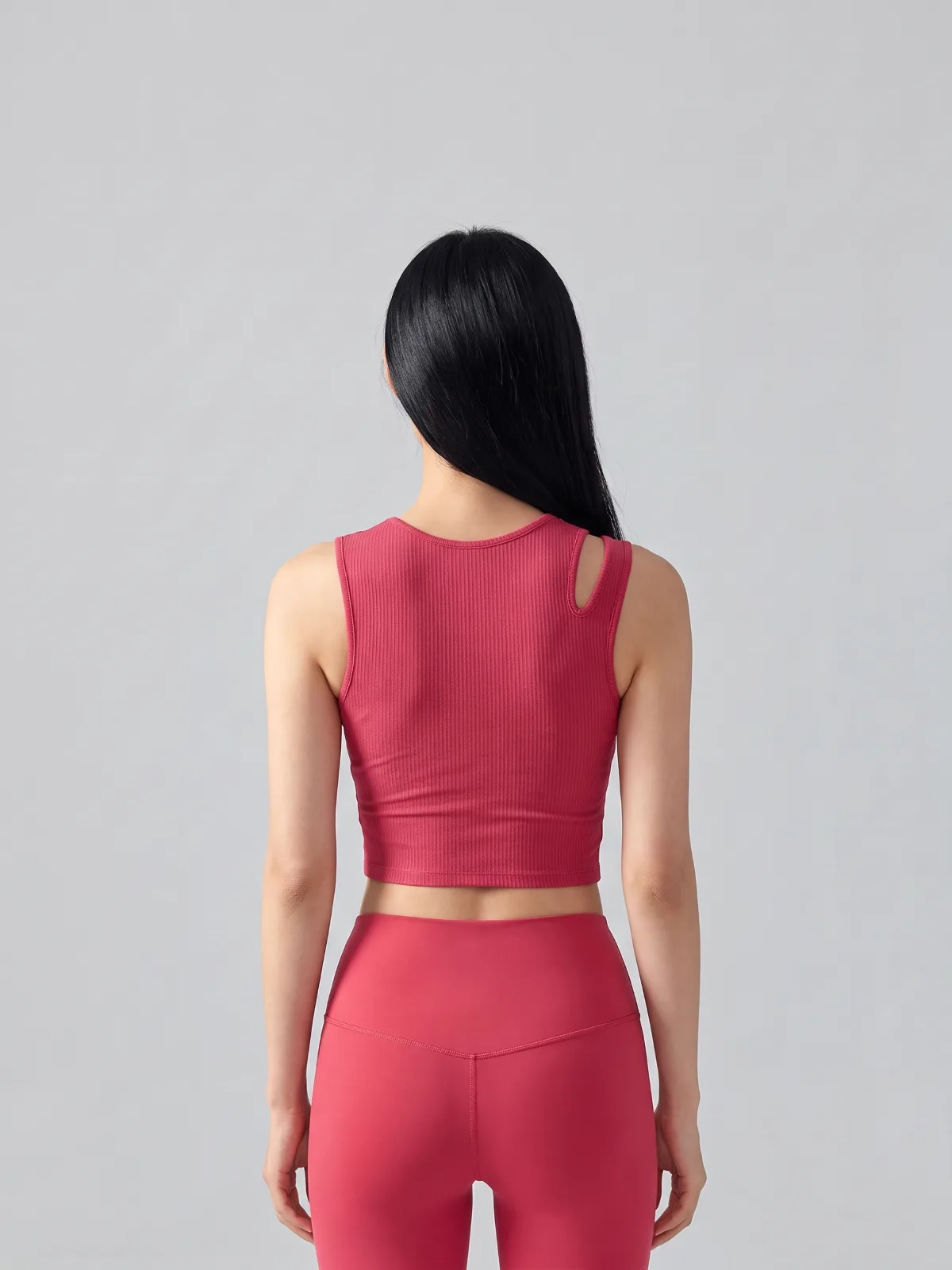 Faux Two-Piece Yoga Tank Top with Built-In Bra – Sleeveless Ribbed Slim-Fit Workout Top – Red, back view