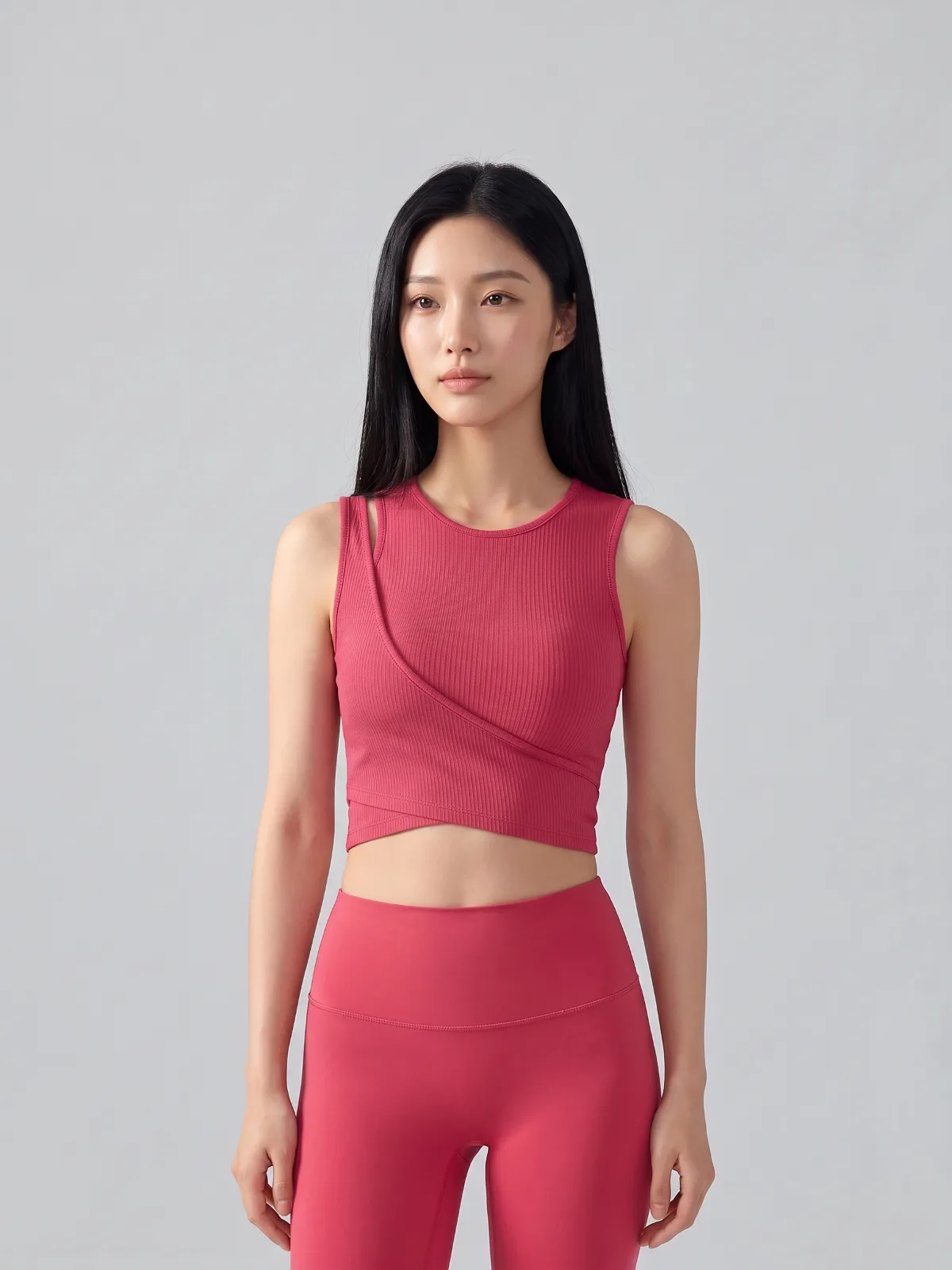 Faux Two-Piece Yoga Tank Top with Built-In Bra – Sleeveless Ribbed Slim-Fit Workout Top