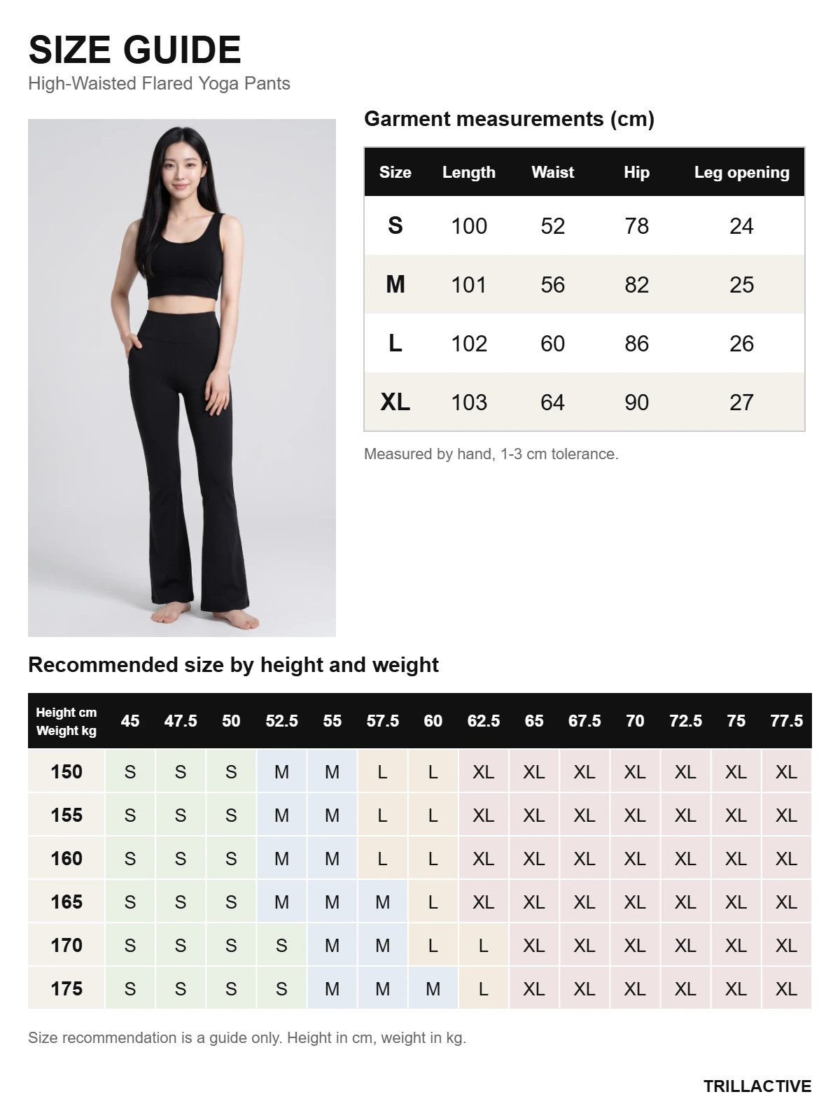 High-waisted flared yoga pants size guide with garment measurements and size by height and weight