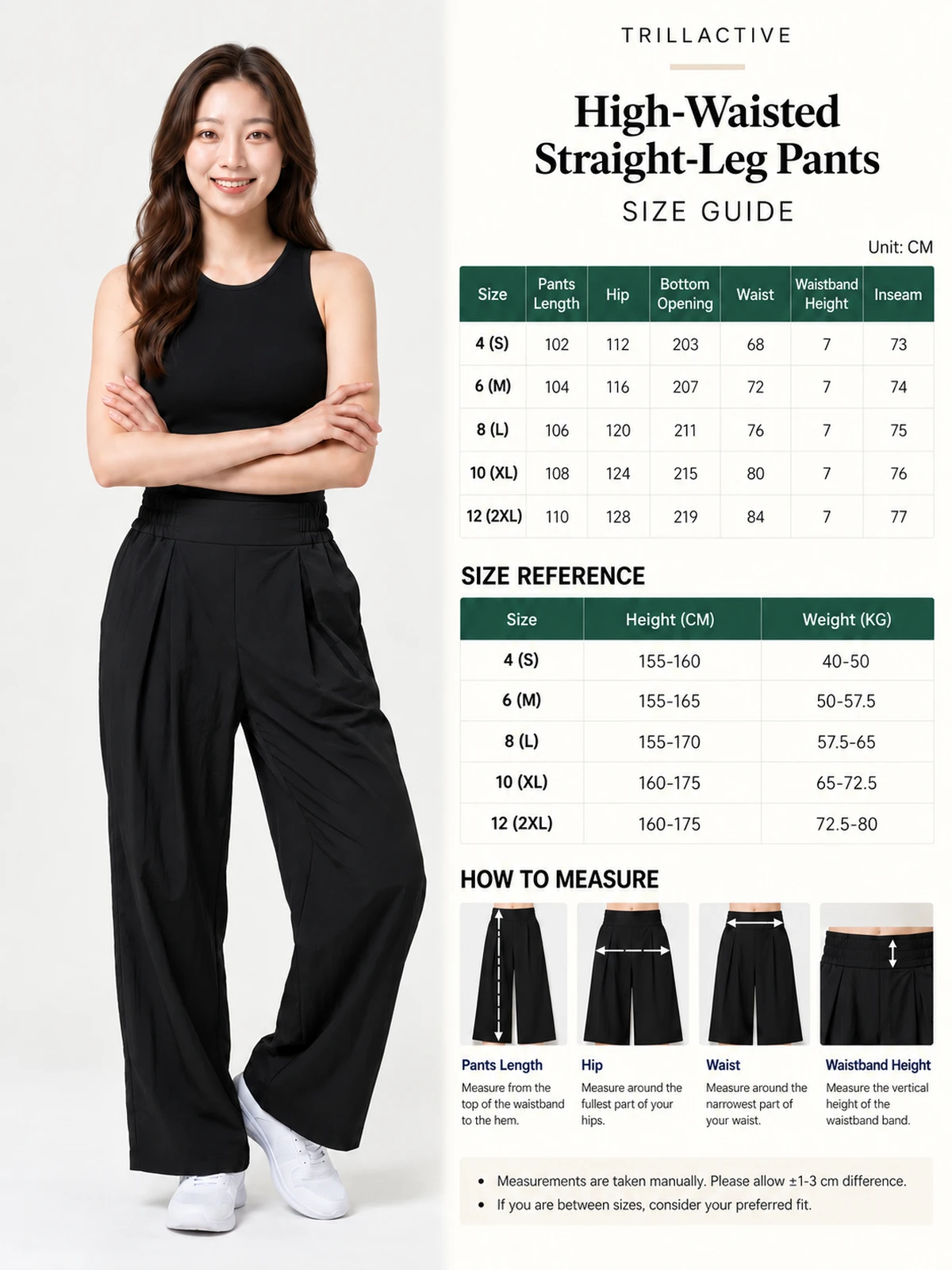 High-waisted wide-leg pants size guide chart