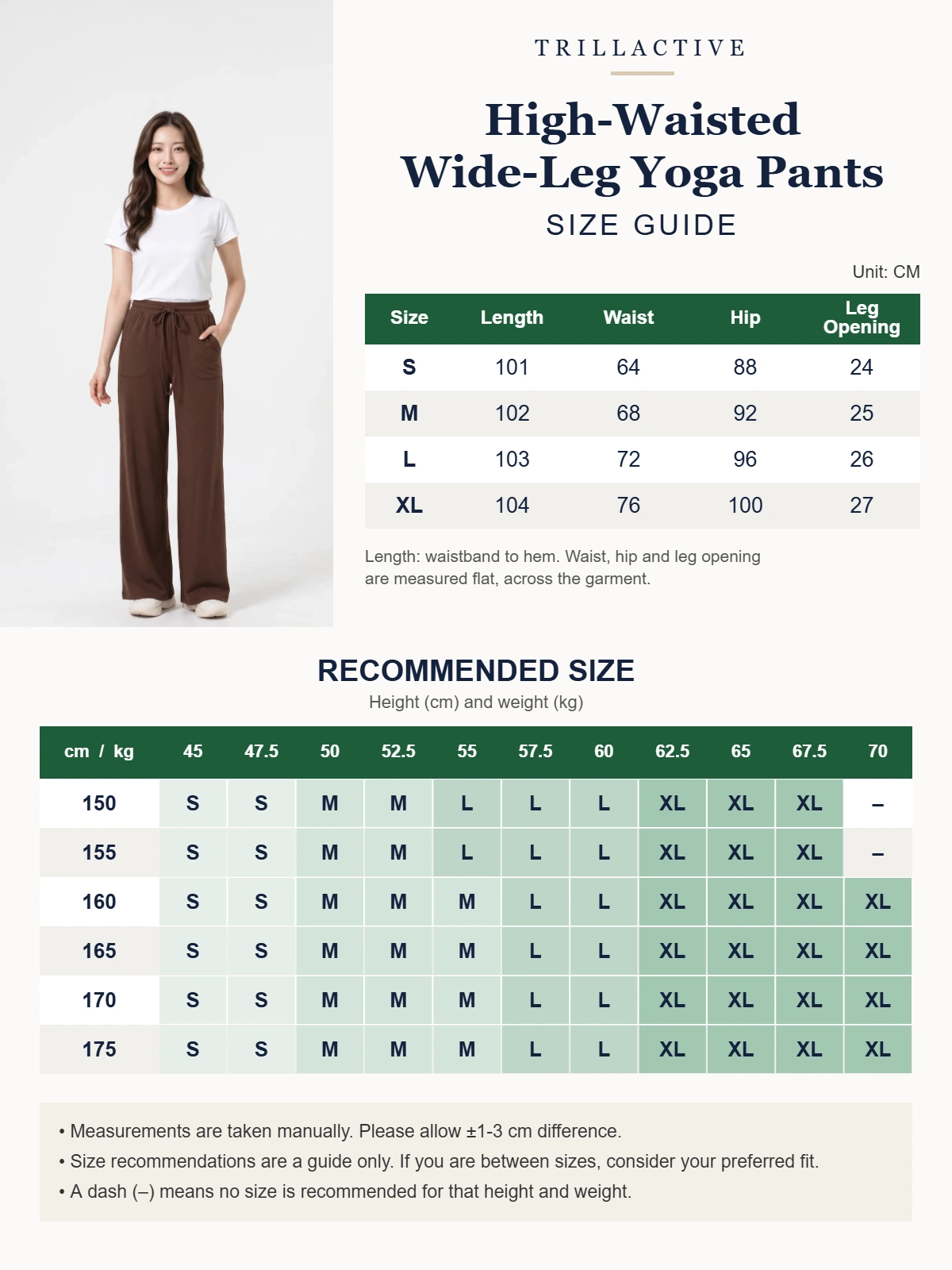 High-waisted wide-leg yoga pants size guide