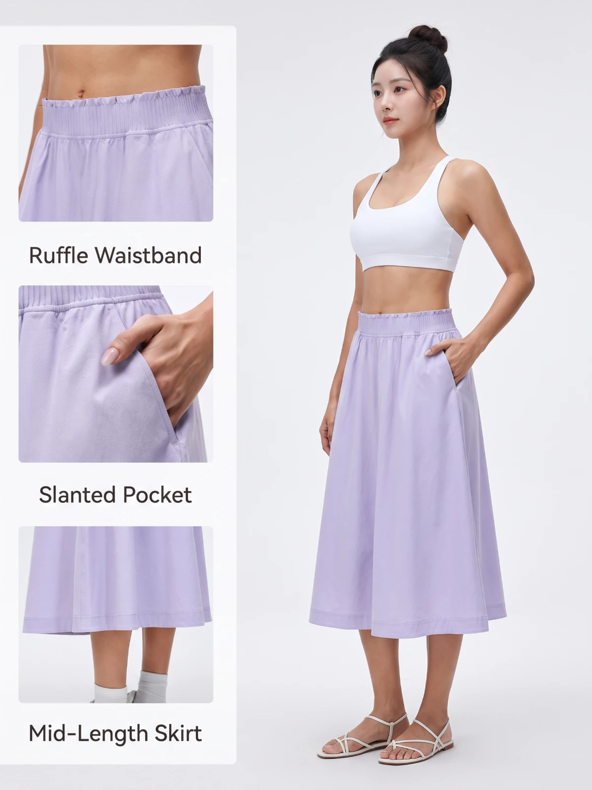 Lavender Frost A-line midi skirt waistband, pocket and hem details