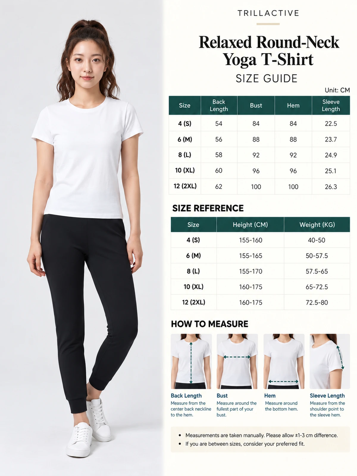 Relaxed round-neck yoga t-shirt size guide