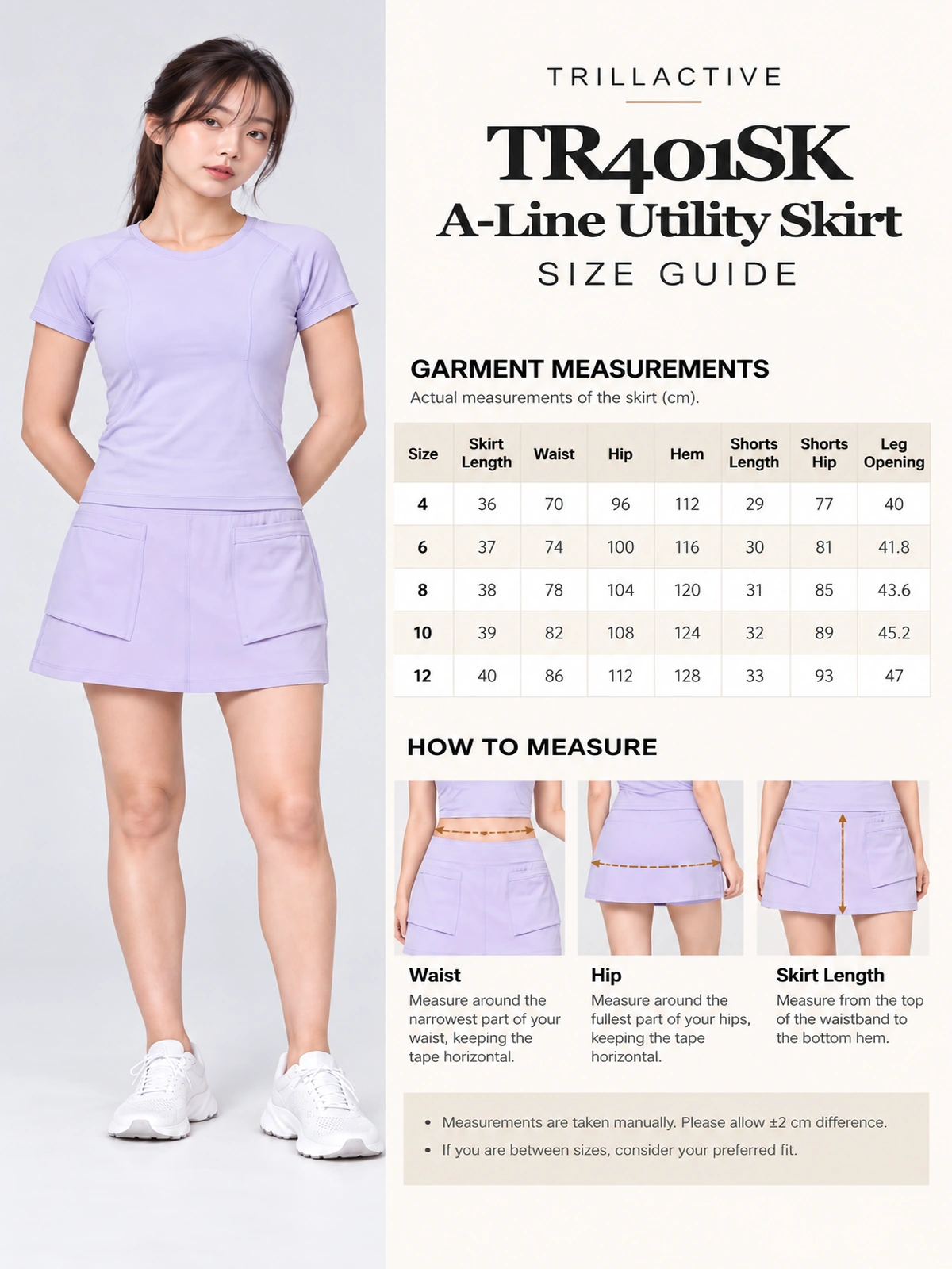 High-Waisted A-Line Utility Skirt – Casual Sporty Summer Skirt - Size chart